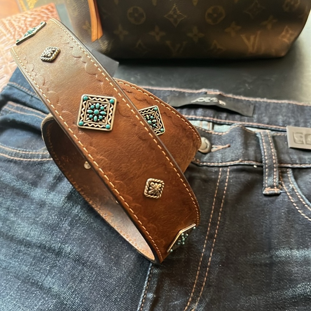 Brighton Brown Leather Studded Belt with Turquoise Accents #B20214